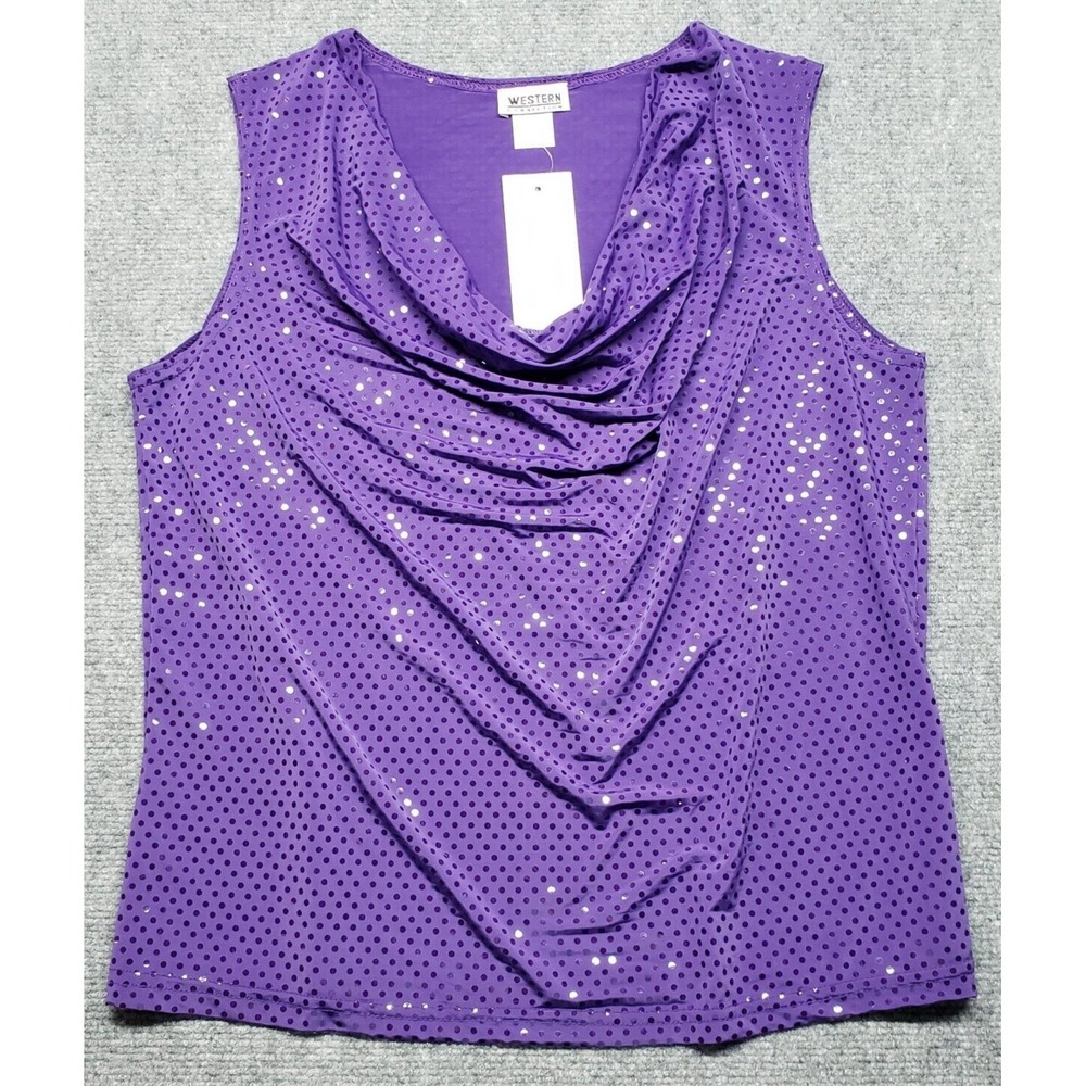 Western Connection Blouse Womens L Purple Glittered Dot V-Neck Sleeveless New